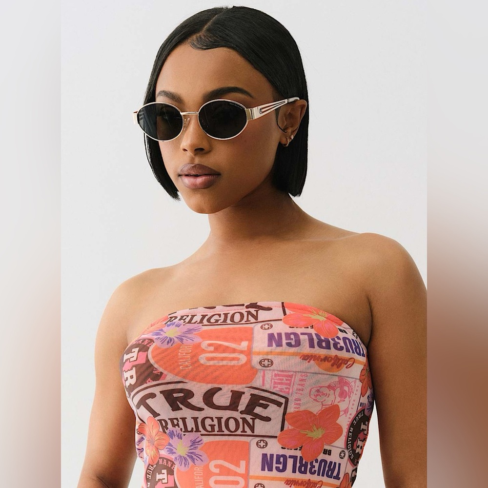 True Religion Gold Sunglasses with Orange Lenses NWT - Picture 2 of 8